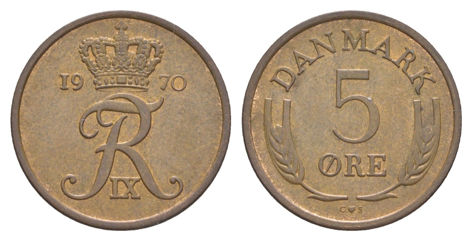 Дания 5 эре 1970 C; S, Фредерик IX (1947-1972) KM 848 бронза 4529-837