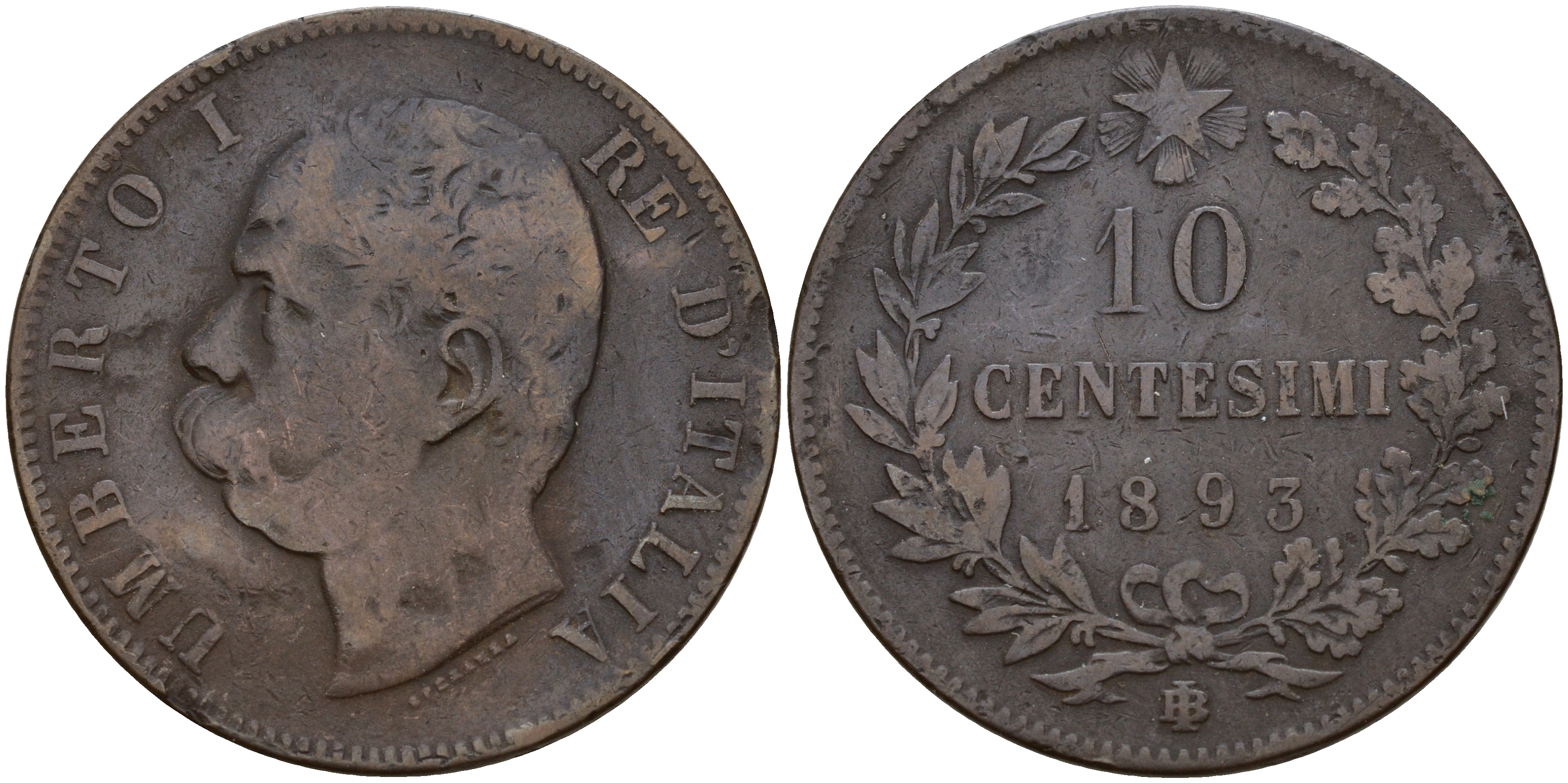 Италия 10 чентезимо 1893 B/I, Умберто I (1878-1900) KM 27.1 медь    82-345