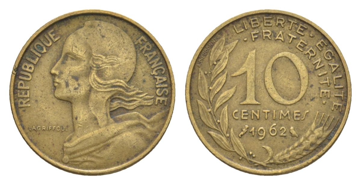 Франция 10 сантимов 1962 тип Morlon KM 929, Le Franc 144.2 алюминиевая бронза 4630-353