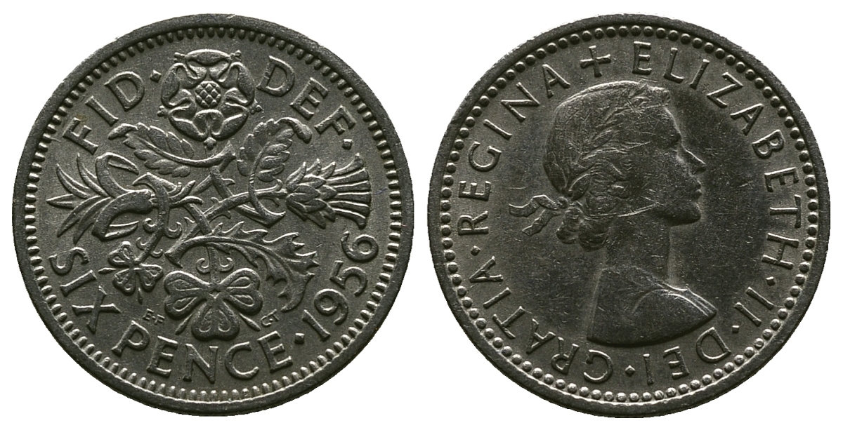 Великобритания 6 пенсов 1956 Елизавета II (1952-2022) KM 903, Spink 4149 медно-никель 4381-657