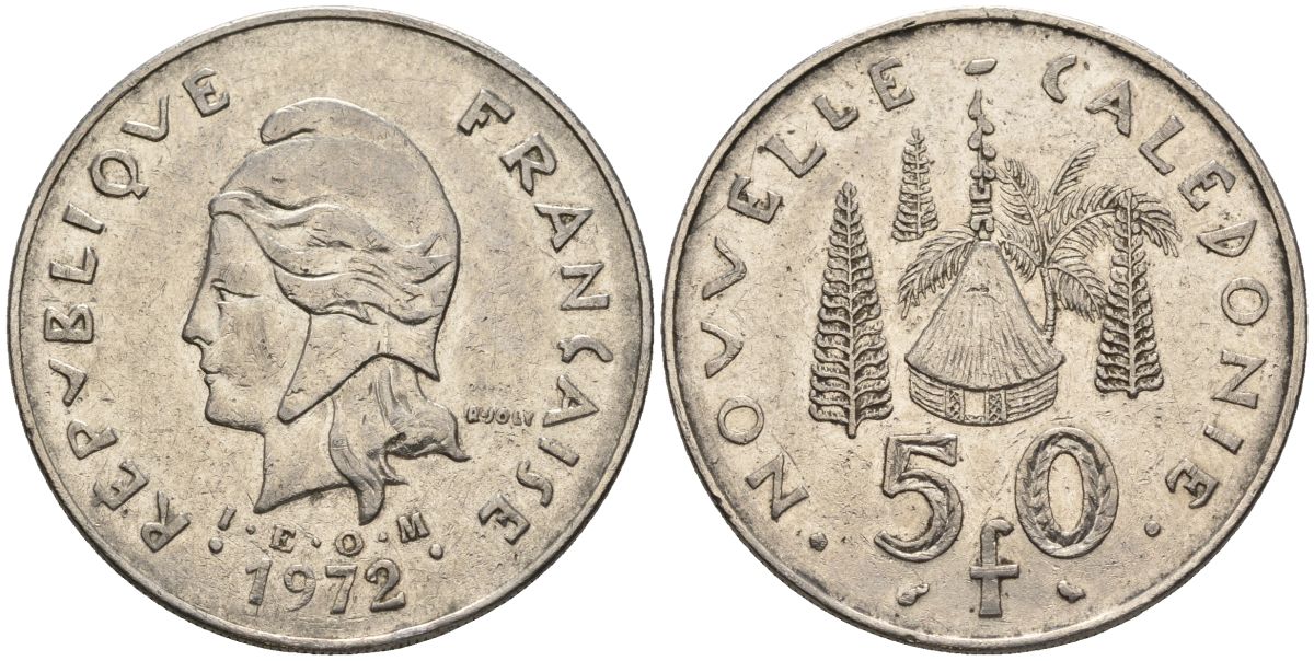 Французская Новая Каледония 50 франков 1972 хижина среди сосен и пальм, (IEOM) KM 13, Schoen 15, Lec 121 никель 4120-131