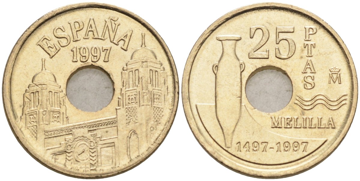 Испания 25 песет 1997 Мелилья (Melilla), Хуан Карлос I (1975-2014) KM 983 латунь 4582-641