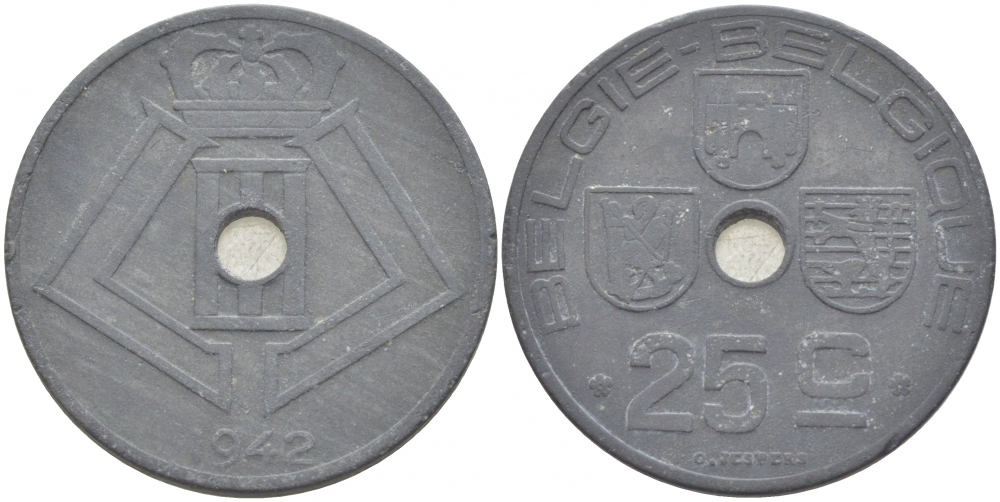 БЕЛЬГИЯ 25 САНТИМОВ 1942 BELGIE-BELGIQUE, ГЕРМАНСКАЯ ОККУПАЦИЯ, ВТОРАЯ МИРОВАЯ ВОЙНА KM 132 цинк 213-853