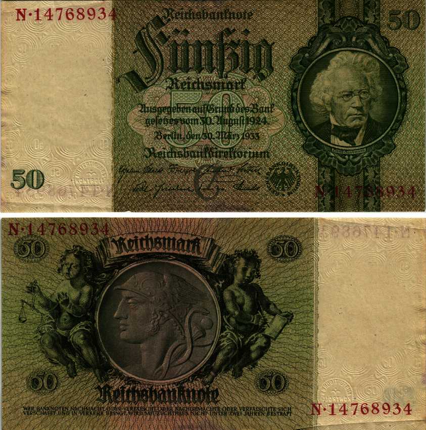 ГЕРМАНИЯ 50 РЕЙХСМАРОК 1933 30 МАРТА 1933, БУКВА С Pick 182а бумага 7183-4-1-1