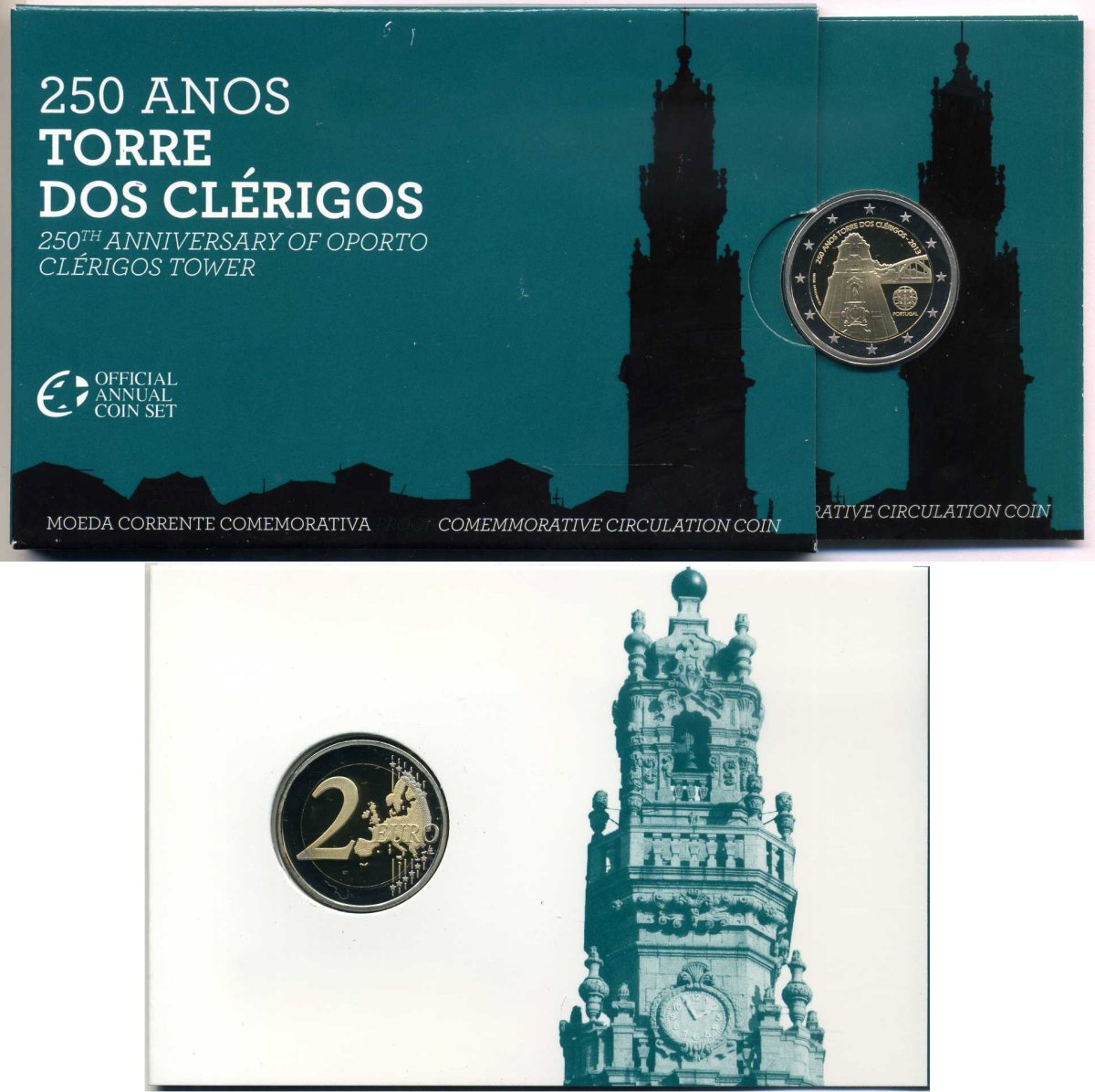 Португалия 2 евро 2013 250 лет башне Клеригуш, запайка, картонный буклет KM 848 биметалл PROOF 3-4-8-54