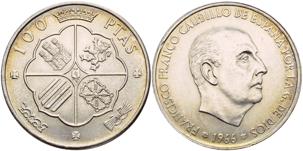 Испания 100 песет 1966 (68) Франсиско Франко (1939-1975) KM 797 серебро 02-252-11