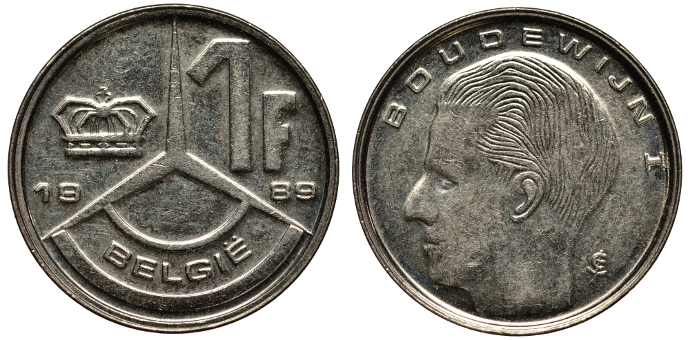 БЕЛЬГИЯ 1 ФРАНК 1989 БОДУЭН KM 170 железо плакированное никелем XF- 4181-325