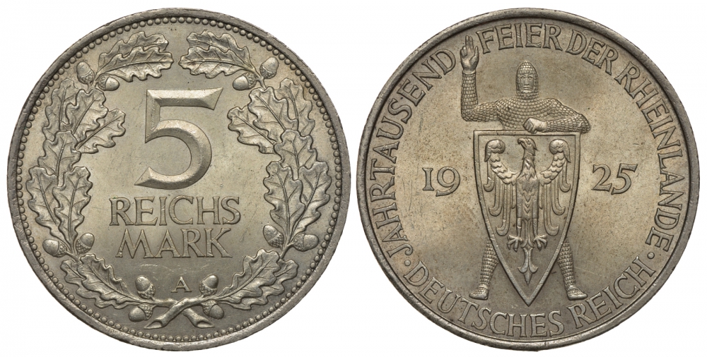Германия 5 марок 1925 A, 1000 летие Рейнланда Weege 25, J. 322, KM 46 серебро aUNC 00-805-25