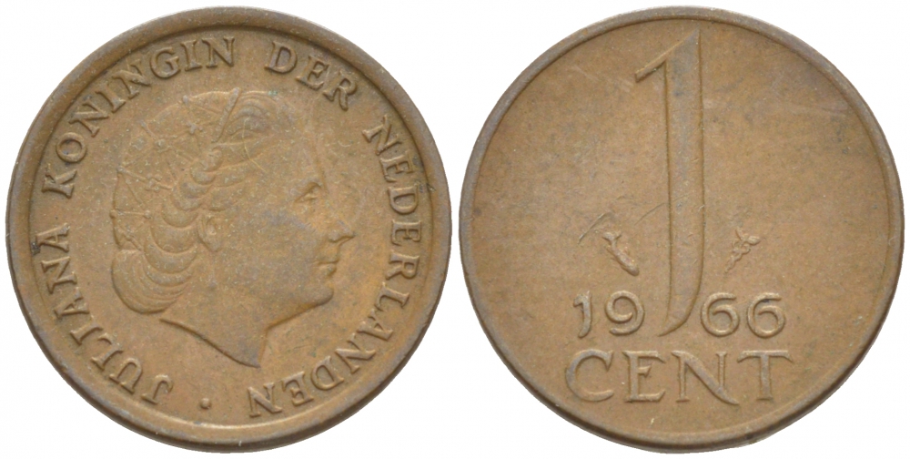НИДЕРЛАНДЫ 1 ЦЕНТ 1966 ЮЛИАНА KM 180 бронза 3955-435