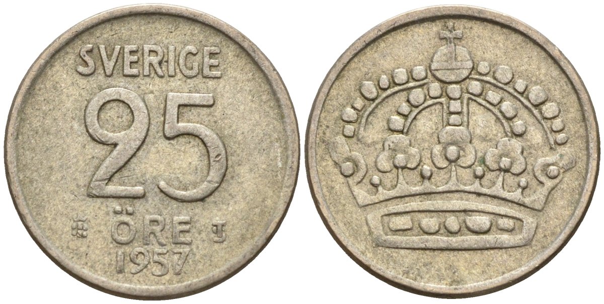 Швеция 25 эре 1957 TS, Густав VI Адольф (1950-1973) KM 824 серебро 4147-1057