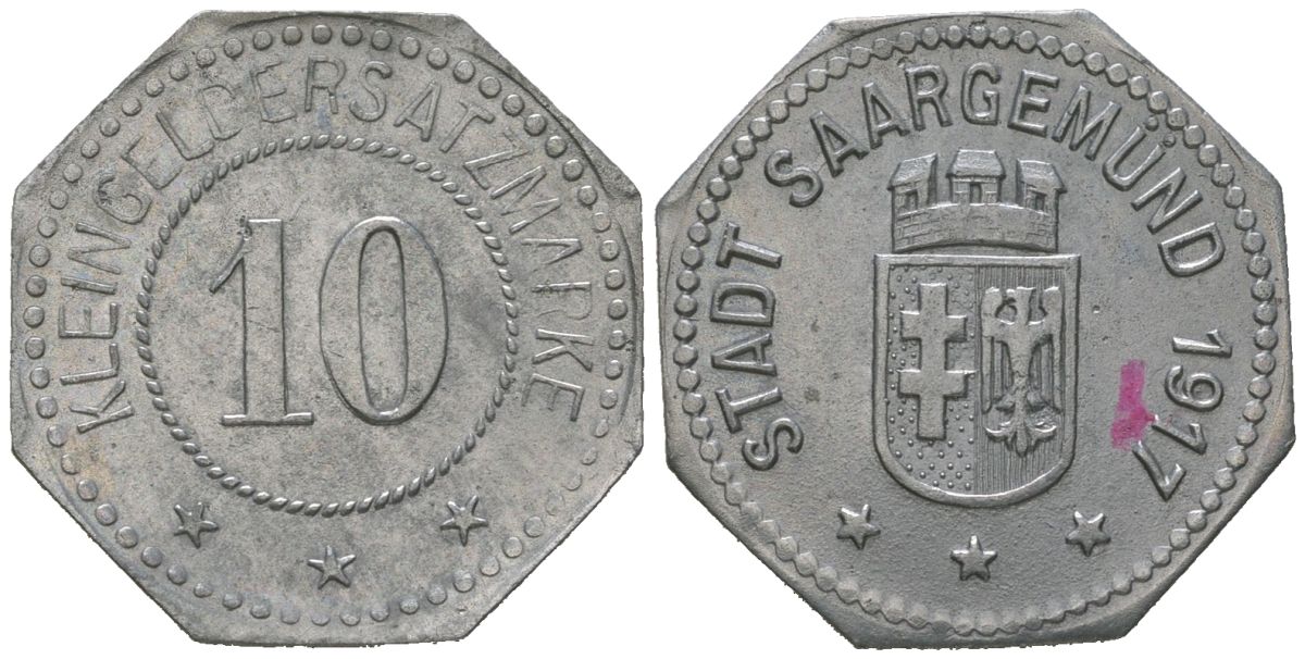 Сааргемюнд ( Пруссия, Гессен-Нассау) 10 пфеннингов 1917 Funck 74.2, Men05 4155.2, Men18 5301.2 цинк 4169-1131