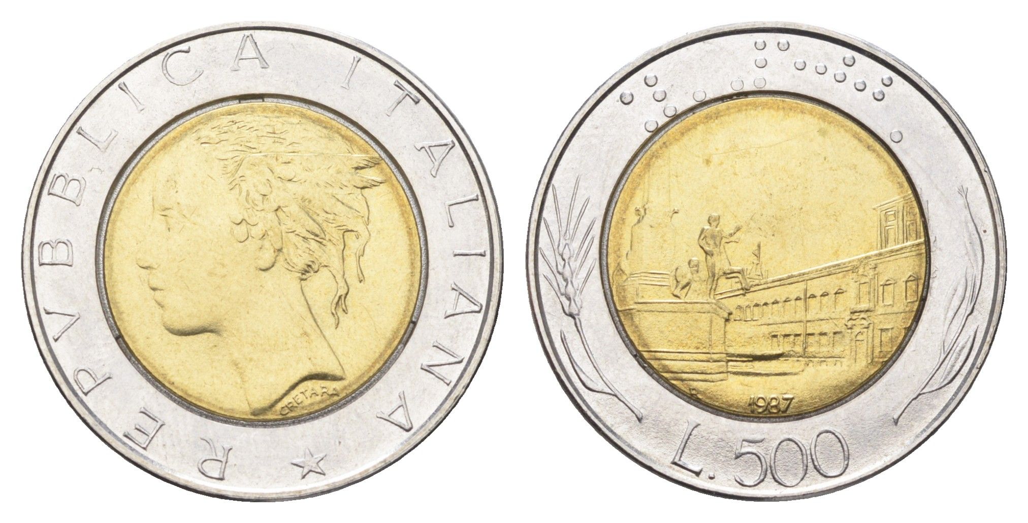 Италия 500 лир 1987 R, Квиринальский дворец в Риме KM 111 биметалл 4704-953