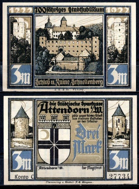 Аттендорн (Пруссия, Вестфалия) 3 марки 1922 Mehl Grabowski 51.1a-3/5 бумага aUNC 7556-36-3-2