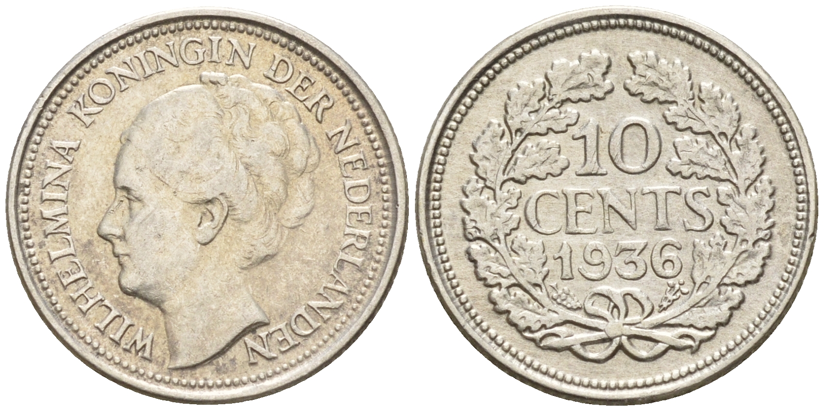 Нидерланды 10 центов 1936 Вильгельмина I (1890-1948) КМ 163 серебро  UNC  4602-525