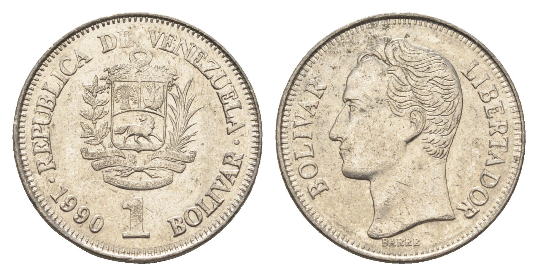 Венесуэла 1 боливар 1990 Симон Боливар Y 52a.2 сталь плакированная никелем 4662-857