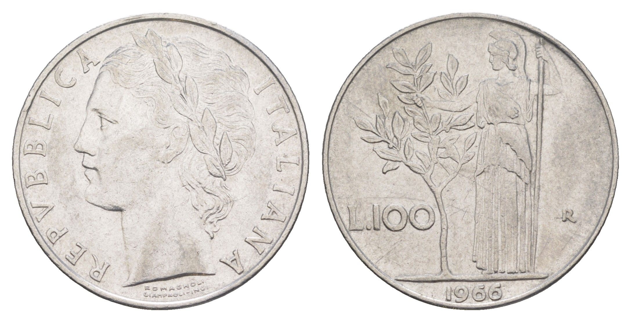 Италия 100 лир 1966 R, Афина в доспехах KM 96.1 нержавеющая сталь 4556-226