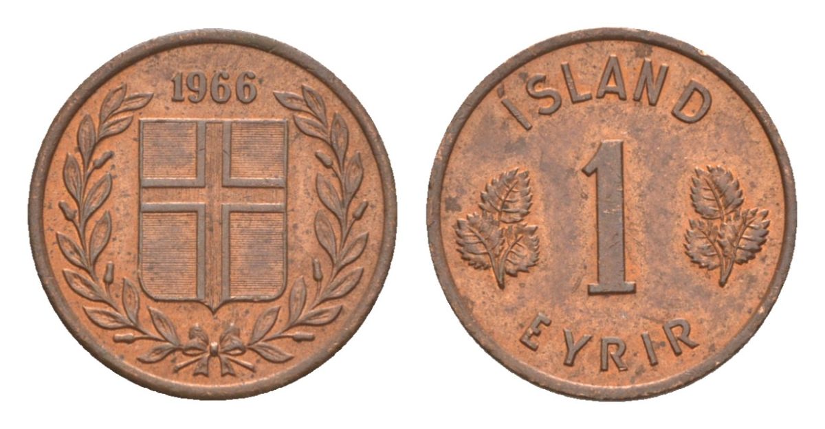 Исландия 1 эйре 1966 KM 8 бронза UNC 4632-928
