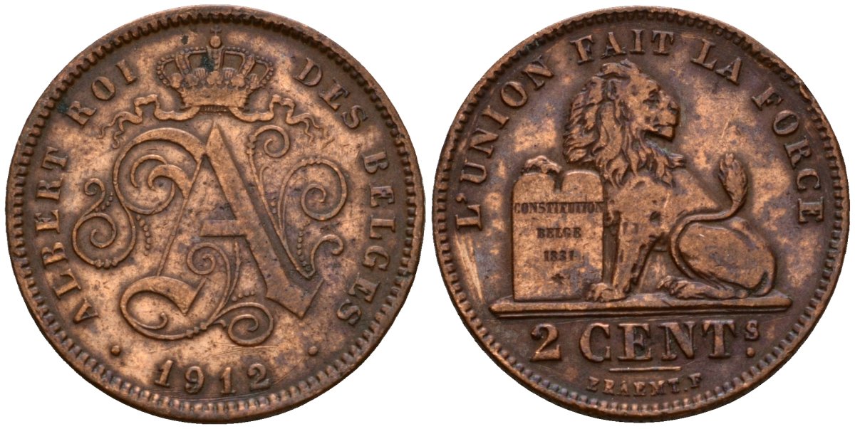 Бельгия 2 сантима 1912 Belges, Альберт I (1910-1934) KM 64 медь 4601-621