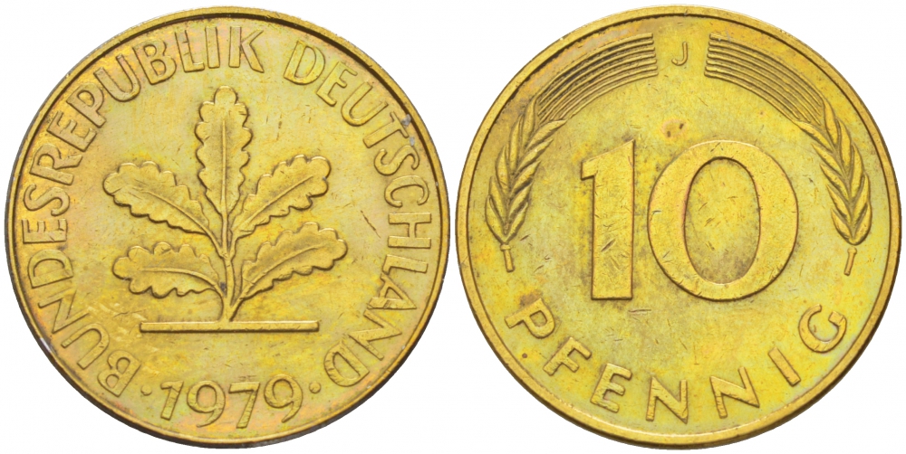 ФРГ 10 ПФЕННИГОВ 1979 J KM 108, J.383 сталь плакированная латунью 3718-821