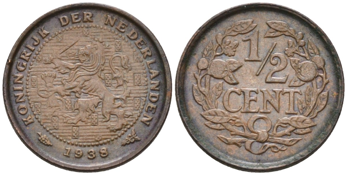 Нидерланды 1/2 цента 1938 Вильгельмина (1890-1948) KM 138 бронза 192-454