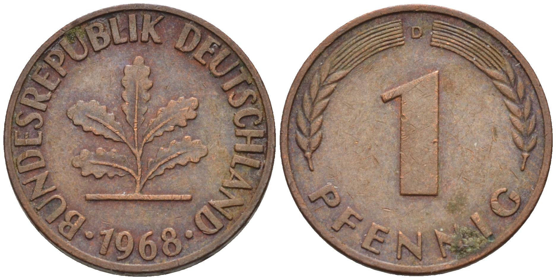ФРГ 1 пфенниг 1968 D KM 105, J. 380 сталь плакированная медью    4115-124