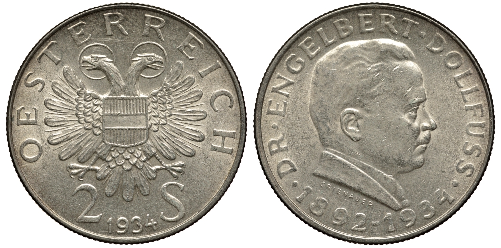 Австрия 2 шиллинга 1934 на смерть канцлера Энгельберта Дольфуса KM 2852 серебро 413-5834