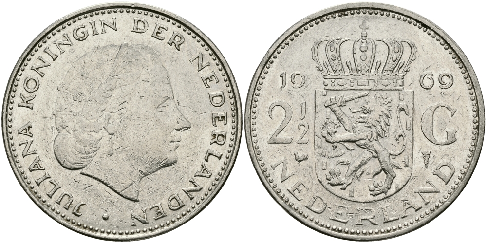 Нидерланды 2 1/2 гульдена 1969 Юлиана (1948-1980) KM 191 никель 87-1016