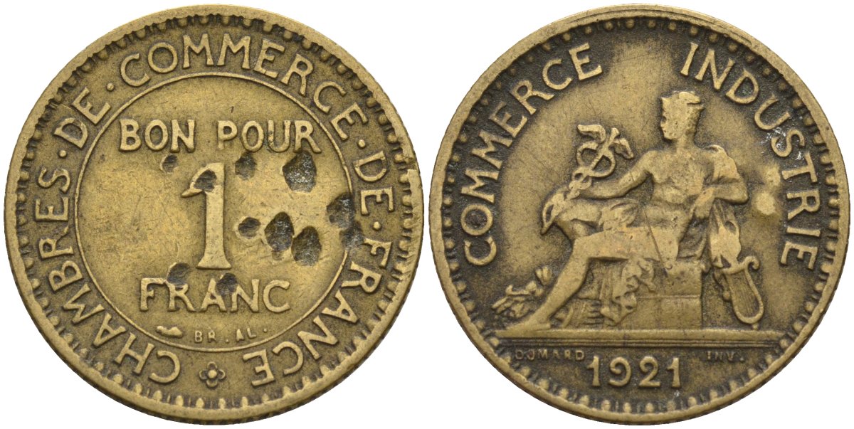 Франция 1 франк 1921 KM 876, Le Franc 218.5 алюминиевая бронза 4142-554