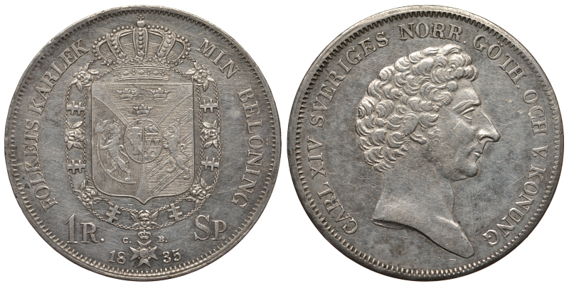 Швеция 1 риксдалер 1835 Карл XIV, львы KM 632, Ahlstr?m 63, Dav. 352 серебро 00-000-00