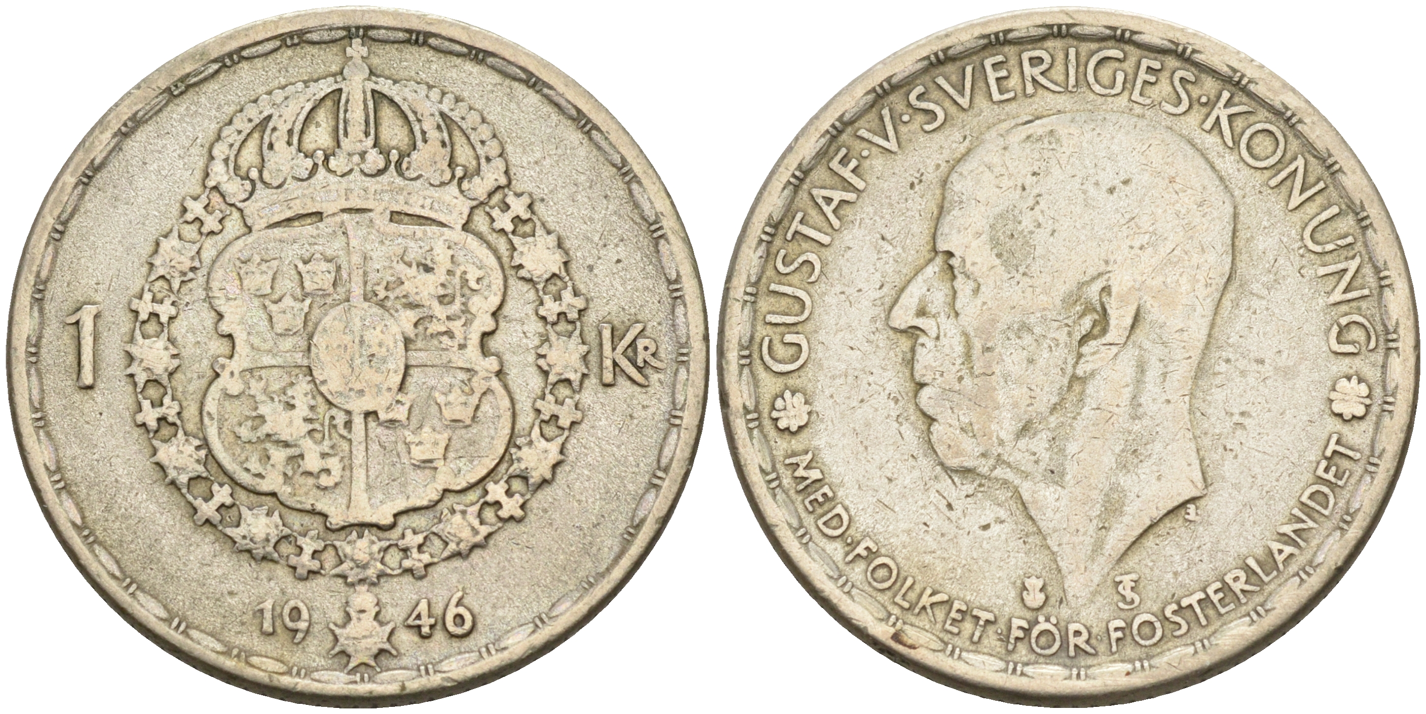 Швеция 1 крона 1946 TS, Густав V (1907-1950) KM 814 серебро 4126-1254