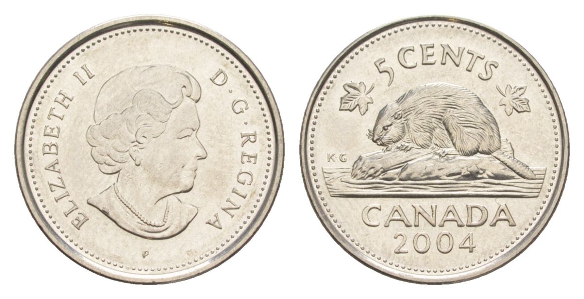 Канада 5 центов 2004 P, Елизавета II (1952-2022), бобр KM 491 сталь плакированная никелем UNC 4630-756