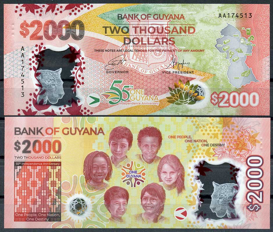 Гайана 2000 долларов 2022 55 лет независимости, ягуар Pick 42 a пластик UNC (пресс) 451-650-2