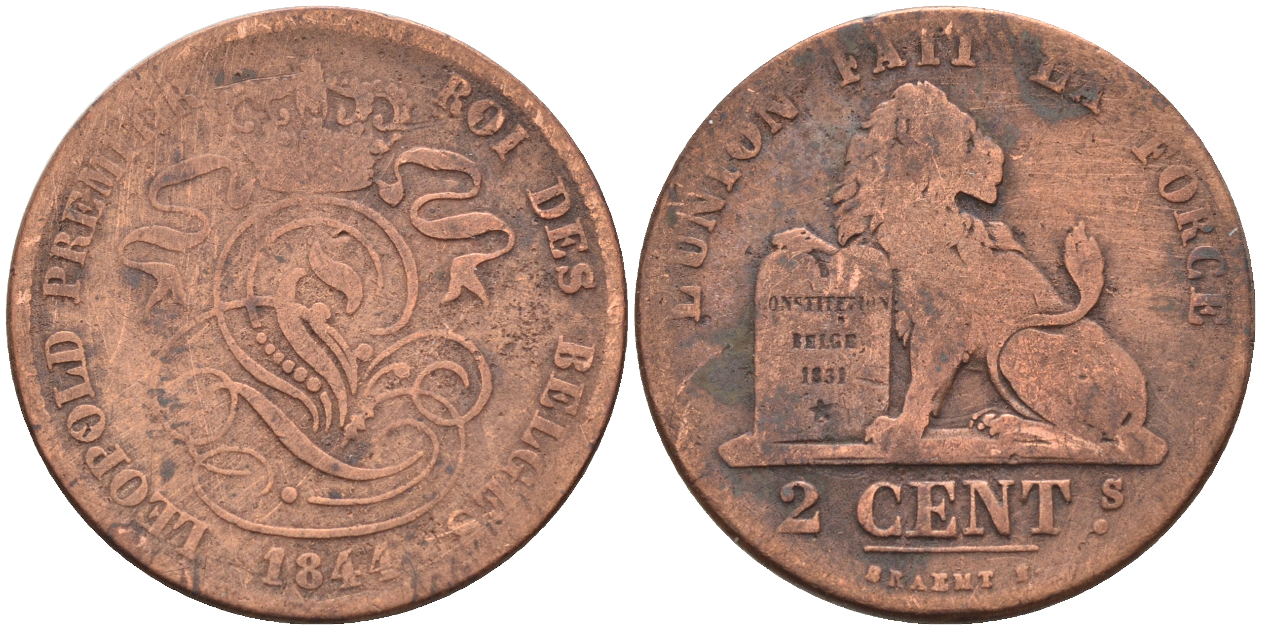 Бельгия 2 сантима 1844  KM 4.2 медь 4595-153