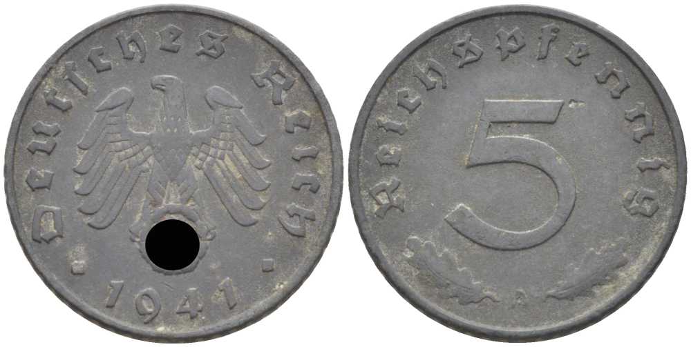 ГЕРМАНИЯ 5 РЕЙХСПФЕННИГОВ 1941 A KM 100, J. 370 цинк 105-246