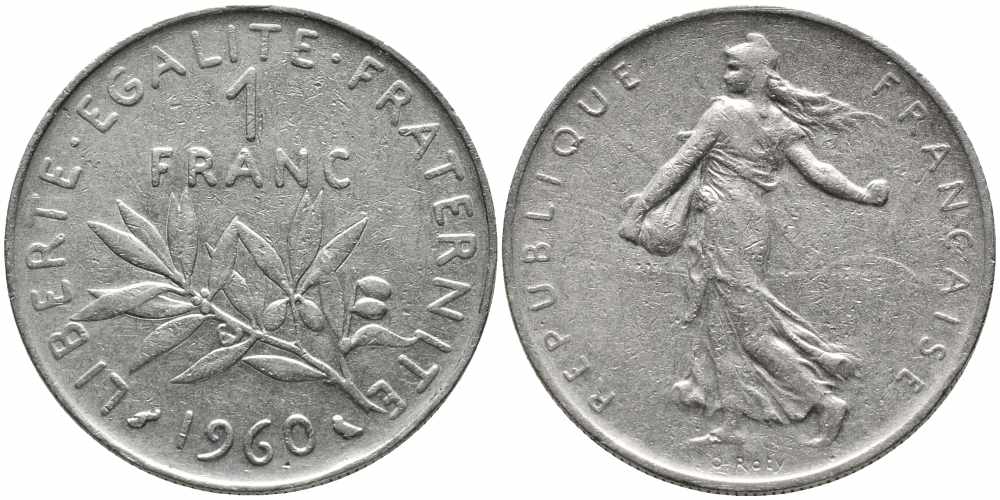 ФРАНЦИЯ 1 ФРАНК 1960 СЕЯТЕЛЬ KM 925.1, LE FRANC 226.4 никель 85-814