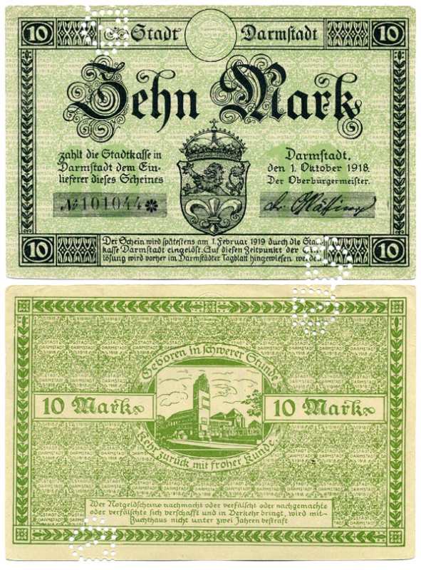 Германия, Дармштадт 10 марок 1918 - 1919 1 октября 1918 - 1 Февраля 1919, нотгельд, земля Гессен, водяной знак перепечатка, № номер снежинка, с перфорацией Geiger 092.03  бумага  аUNC  8613-32-2-2