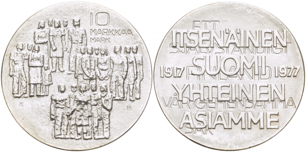 Финляндия 10 марок 1977 K-H, 60 лет независимости (1917-1977) KM 55 серебро UNC 1515-1433