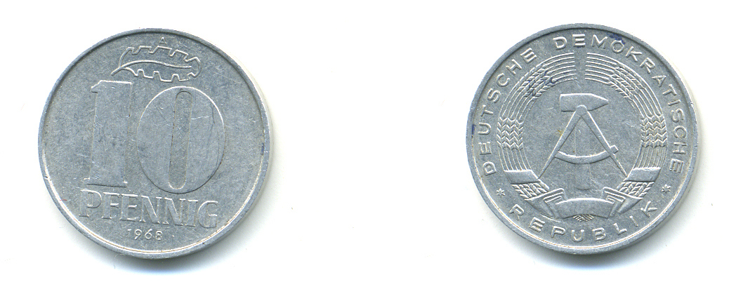ГДР 10 пфеннигов 1968 А KM 10 алюминий 76-644