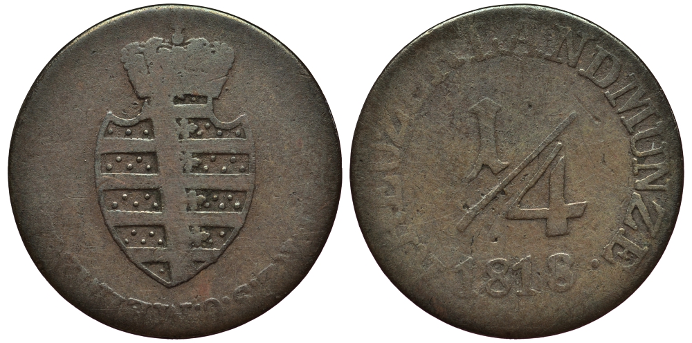 САКСЕН-МАЙНИНГЕН 1/4 КРЕЙЦЕРА 1818 KM 100, Jaeger 407 AKS 176 медь 413-6035