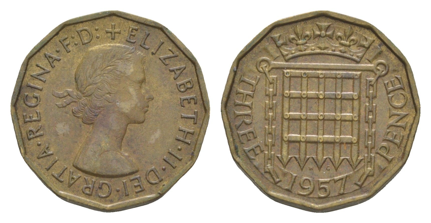 Великобритания 3 пенса 1957 Елизавета II (1952-2022) KM 900, Spink 4153 никель латунь 4571-734