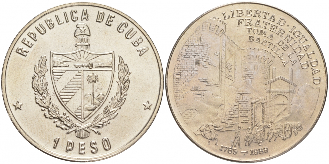 Куба 1 песо 1989 200 лет Французской революции, падение Бастилии KM 272 медно-никель UNC 1526-912