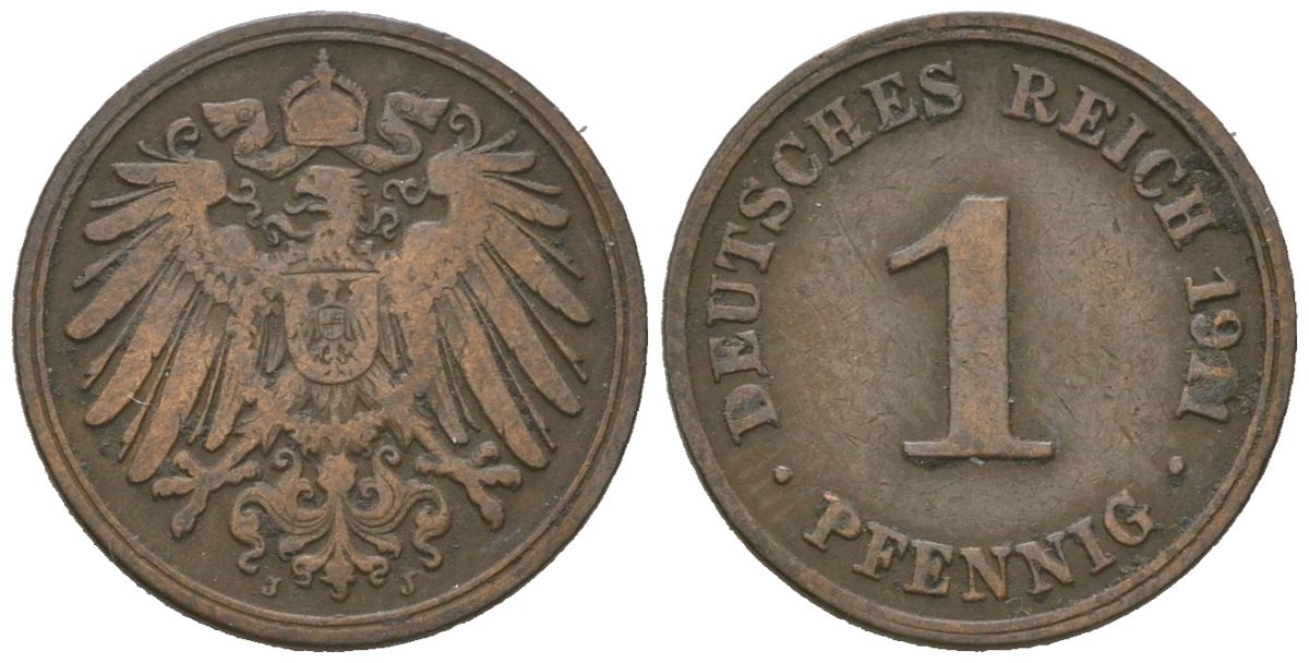 Германия 1 пфенниг 1911 J, Вильгельм II (1888-1918) KM 10, J. 10, Weege 2 медь 4615-225