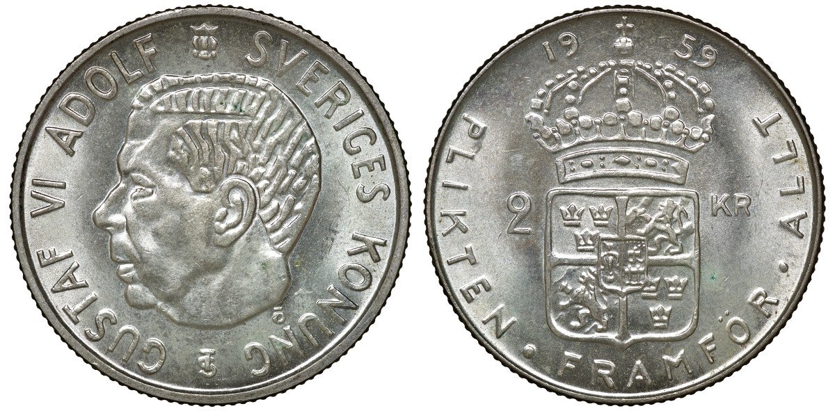 Швеция 2 кроны 1959 TS, Густав VI Адольф (1950-1973) KM 827 серебро 4179-1334