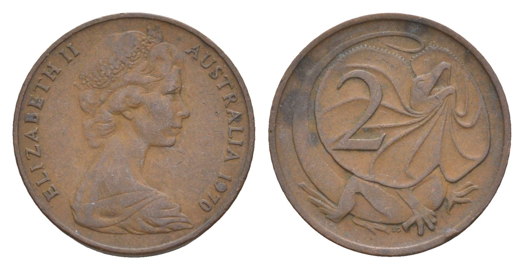 Австралия 2 цента 1970 Елизавета II (1952-2022), плащеносная ящерица KM 63 бронза 4655-1233