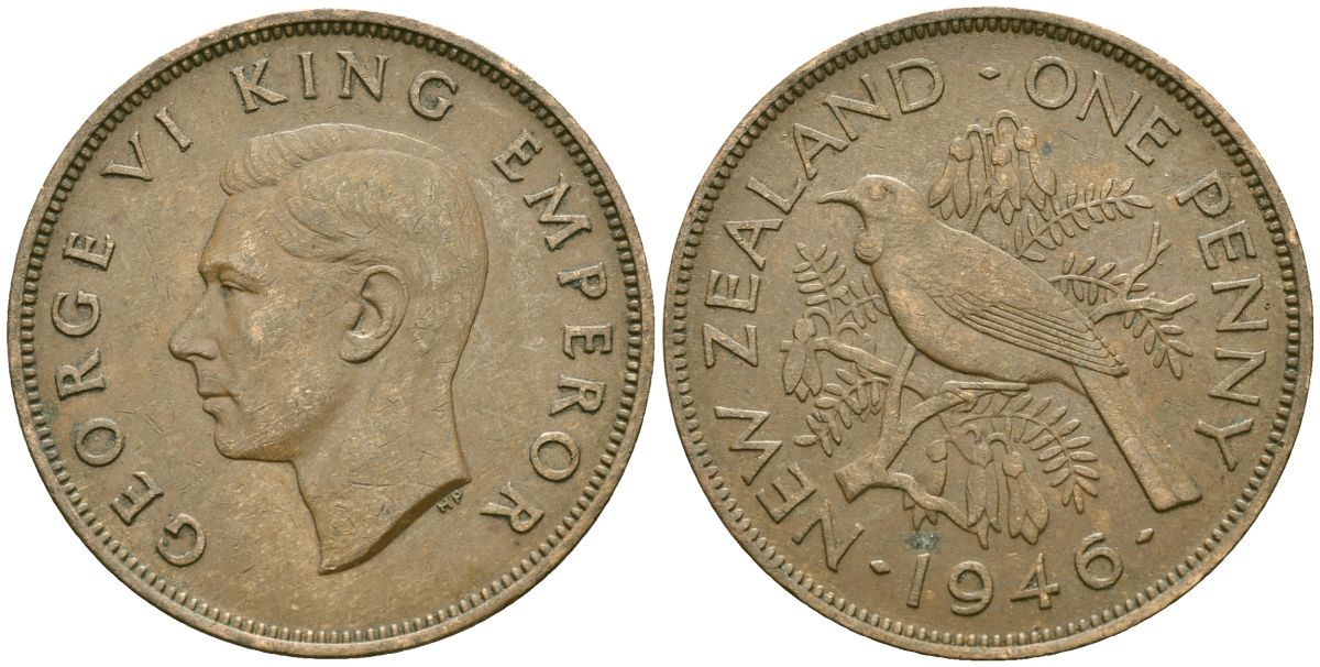Новая Зеландия 1 пенни 1946 Георг VI (1936-1952), новозеландский туи KM 13 бронза 32-726