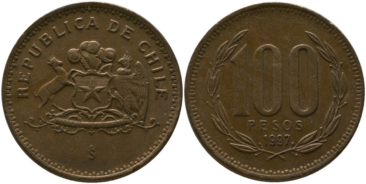 Чили 100 песо 1997 So KM 226.2, Schon 71 алюминиевая бронза 4544-1252