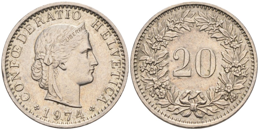 Швейцария 20 раппенов 1974 KM 29а медно-никель 92-1257