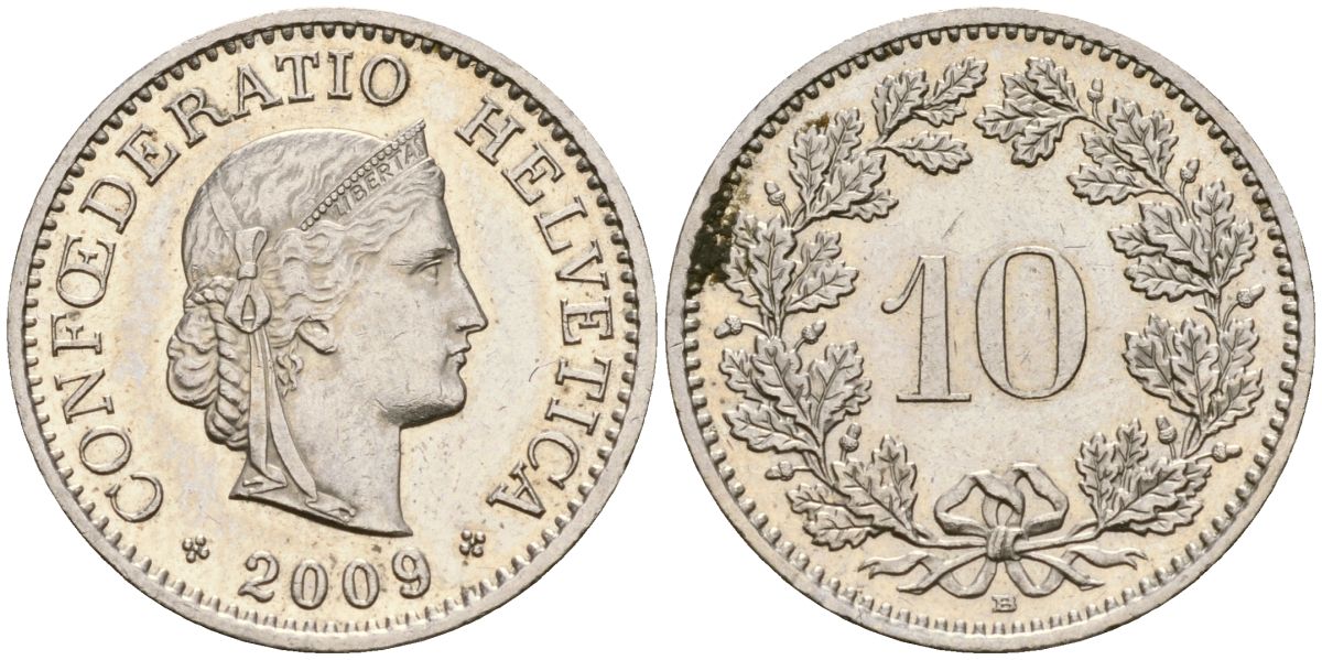 Швейцария 10 раппенов 2009 B KM 29a медно-никель 4136-352