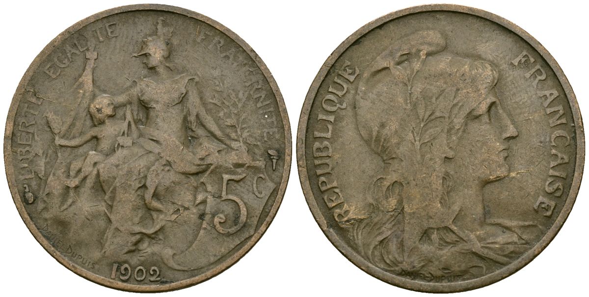 Франция 5 сантимов 1902 тип Даниэль Дюпюи KM 842 бронза 4577-1127