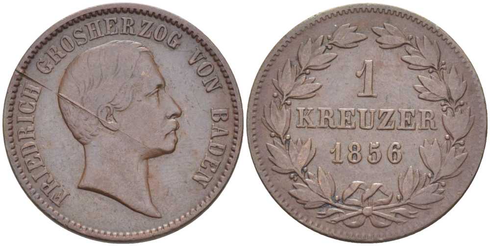 Баден 1 крейцер 1856 Великий Герцог Фридрих I (1856-1907), раскол штемпеля КМ 232 медь 441-712